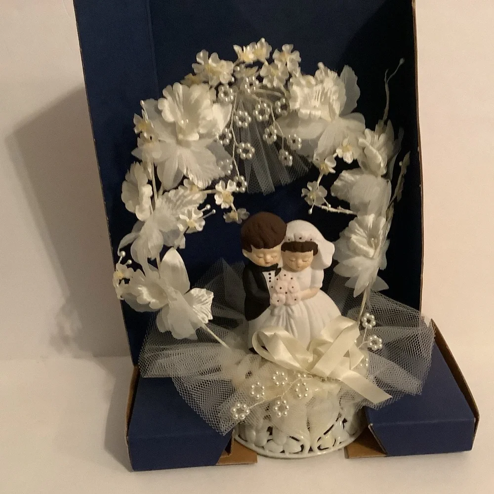 Vintage Wedding Cake Topper Porcelain Bride and Groom with White Floral Accents